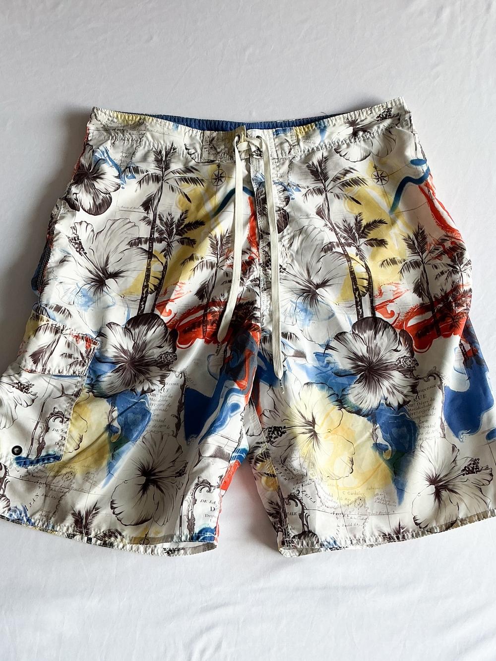 No Bad Days Swim Trunks Primary White Floral Pocket Board Shorts Mens Sz 34